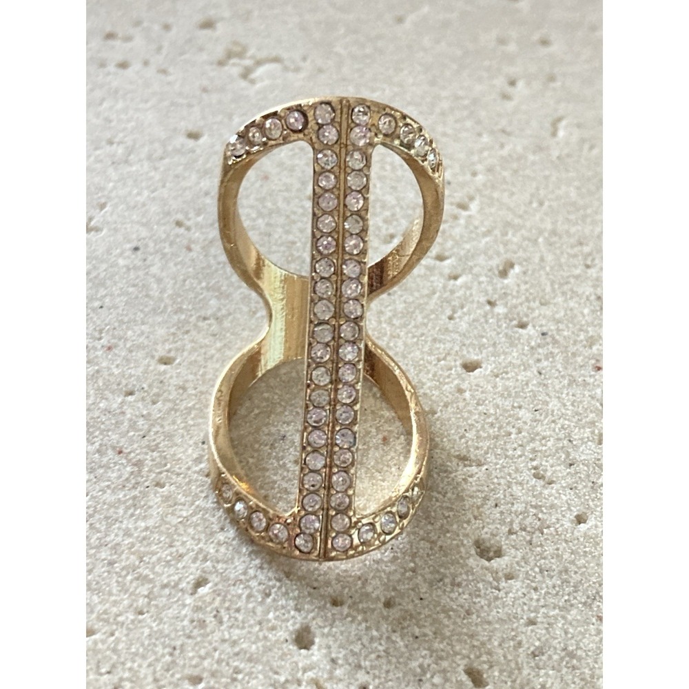 Gold Tone Rhinestone Openwork Statement Ring Figure 8 Hourglass Wide Band